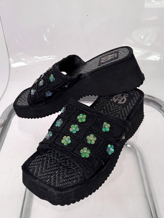 Vintage Shoes - Y2K vintage floral sequin beaded chunky platform wedge slide sandals US 8 8.5
